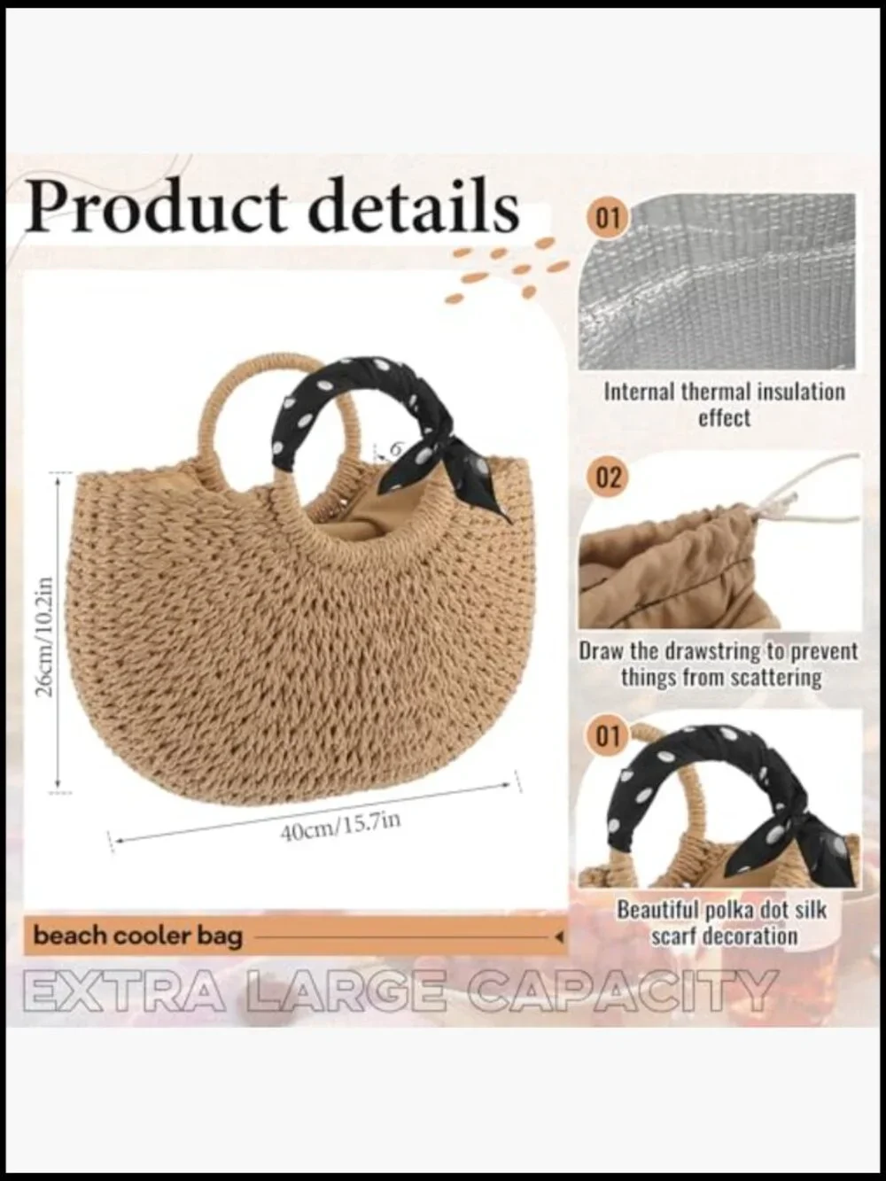 Insulated Straw Beach Cooler Bag Woven Tote Drawstring Closure Leak Proof Picnic